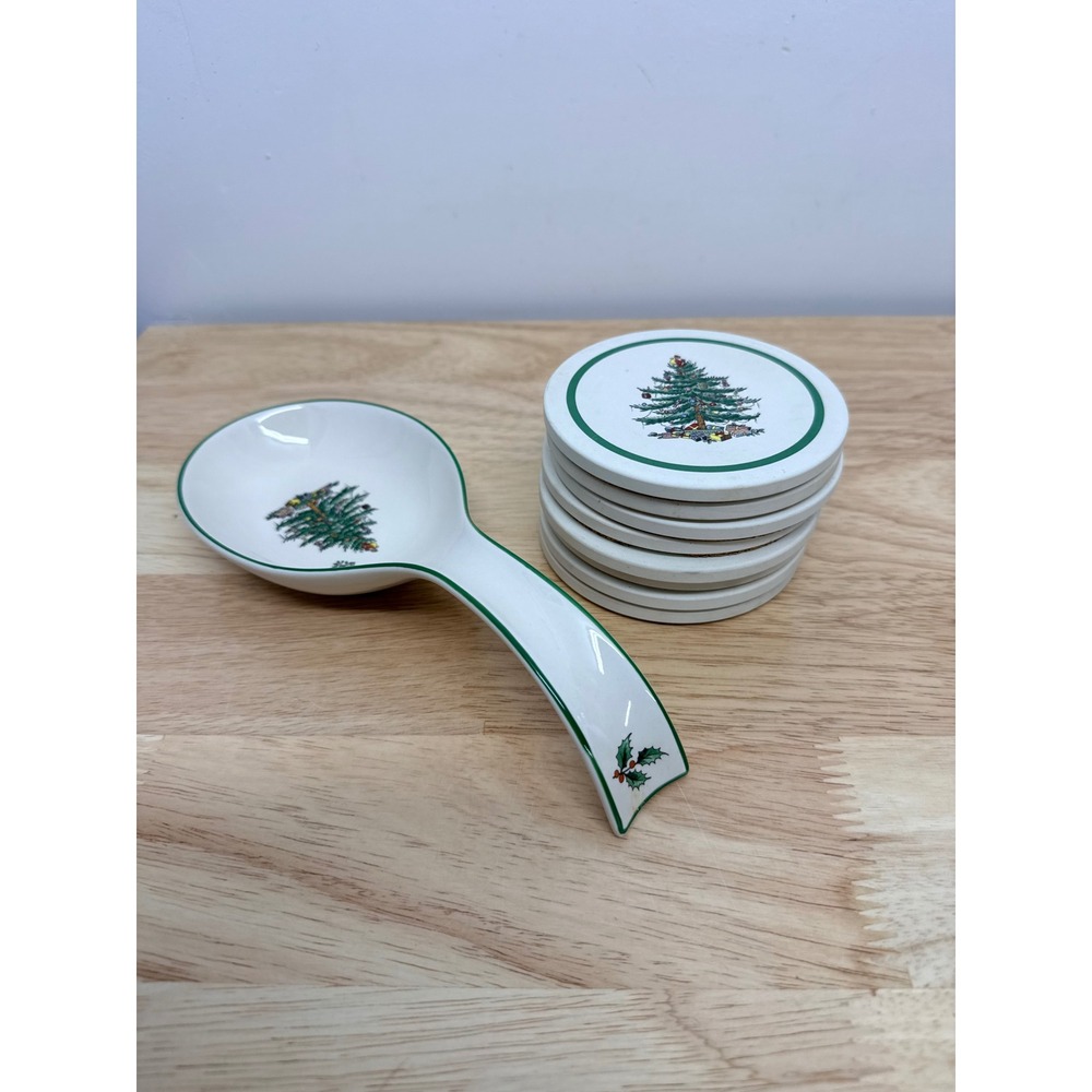 Spode Christmas Tree Spoon Rest/ 8 Cork Backed Coasters Set Holiday Kitchen #68